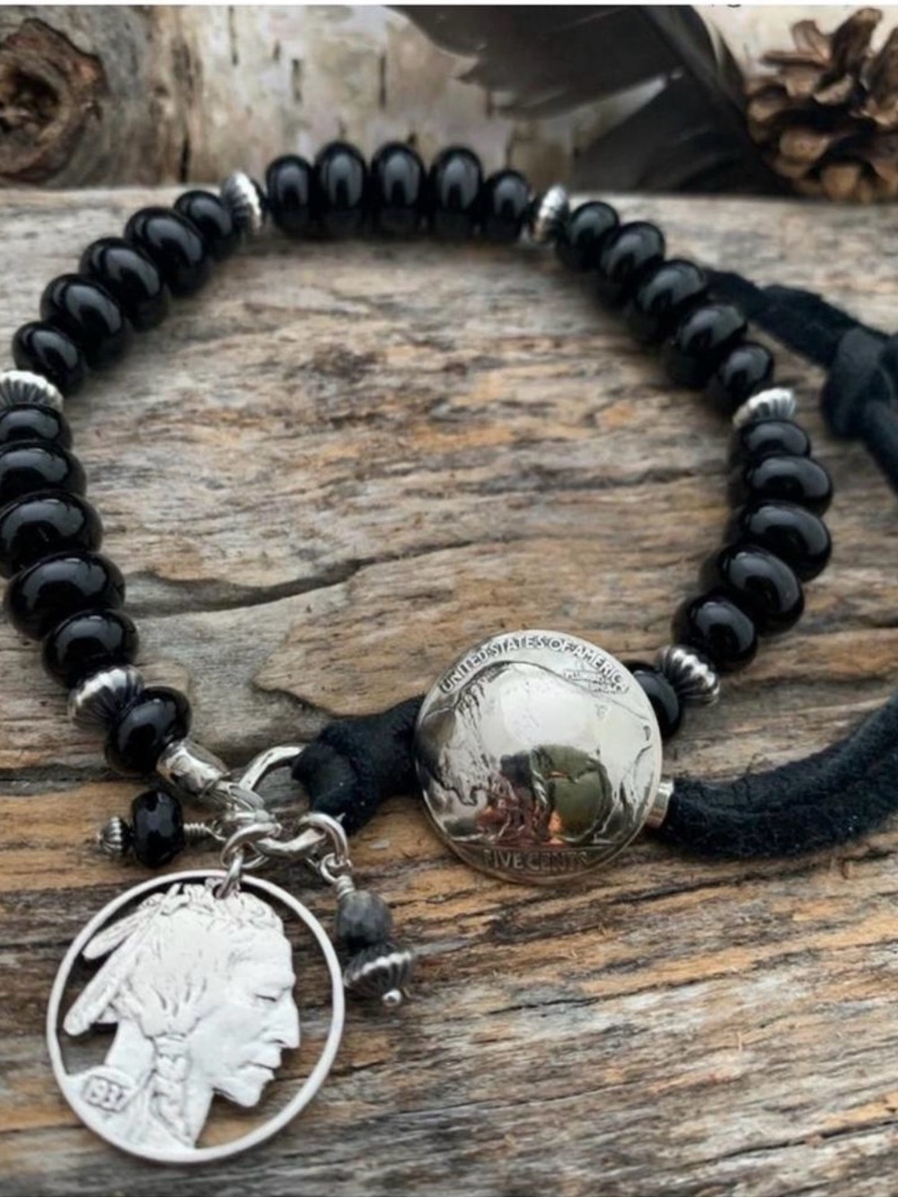 Artisan Black Onyx Bead and Silver Buffalo Nickel Coin Bracelet